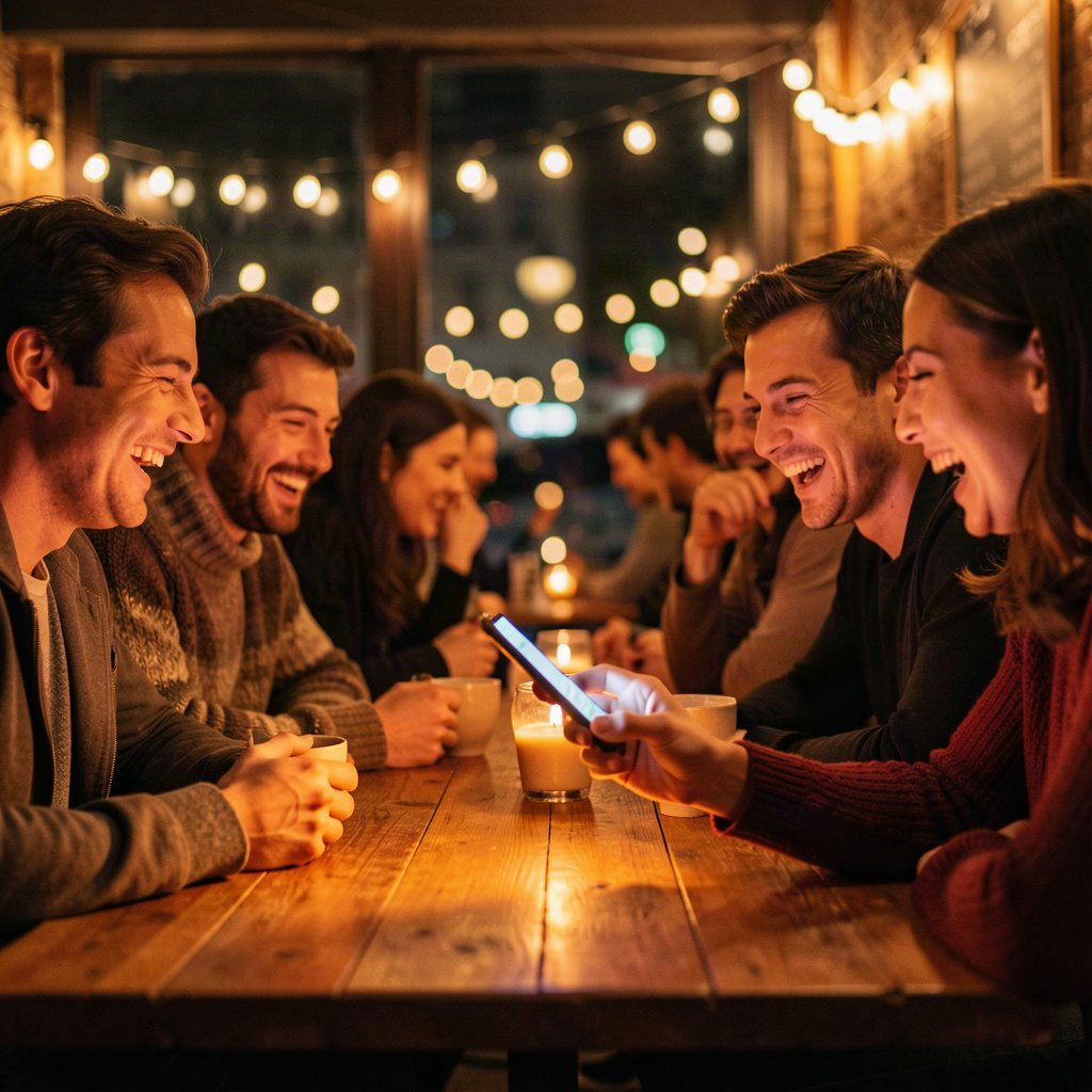 Amigos em uma cafeteria à noite escolhendo música
