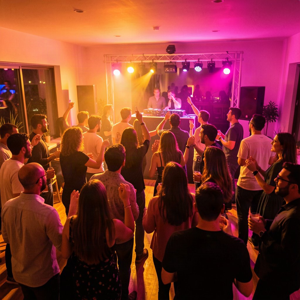 Festa em casa com luzes de néon e pessoas dançando
