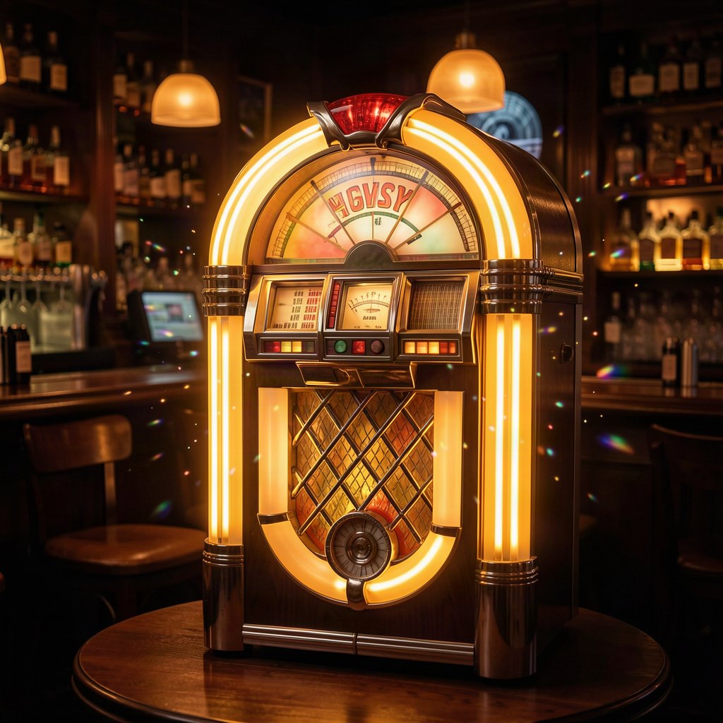 Jukebox vintage brilhando com luzes de néon âmbar em um bar escuro
